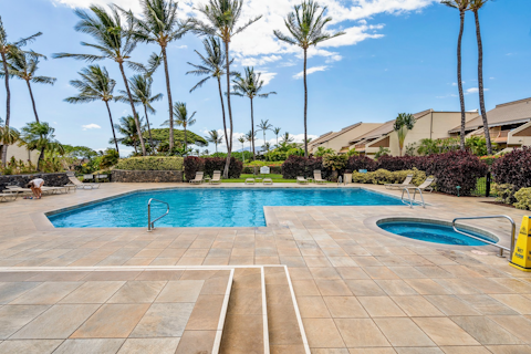 Cool off beneath palm trees in the resort pool