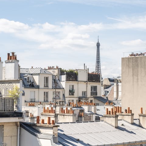 Enjoy the distant views of the Eiffel Tower from the balcony