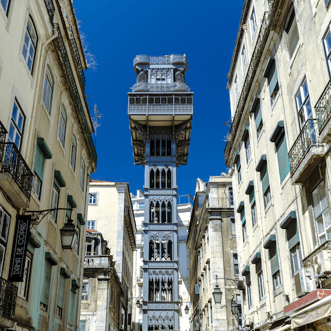 Take a ride on the Santa Justa Lift, a fourteen-minute walk away