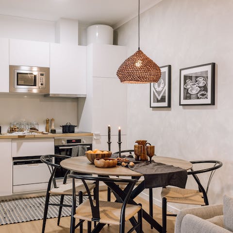 Enjoy fresh coffee and pastéis de nata at the dining table before setting off for a day of adventure