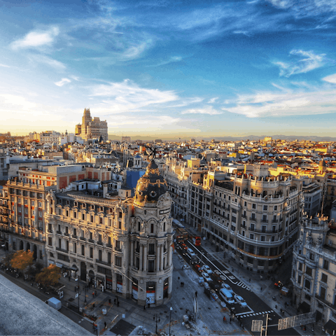 Indulge in some retail therapy along Gran Vía, a ten-minute stroll from your door
