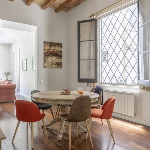 Enjoy meals under centuries old ceiling beams in the dining room