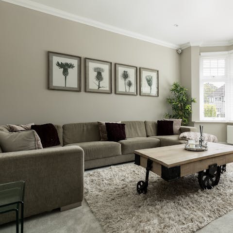 Cosy up for film night in after a day out at Canford Cliffs Beach – a five-minute drive away