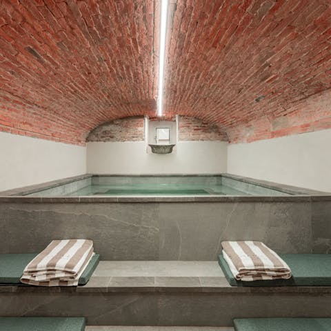 Unwind in the indoor heated cave pool