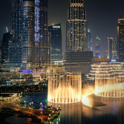 Take in the dazzling show at The Dubai Fountain, a twenty-minute walk away
