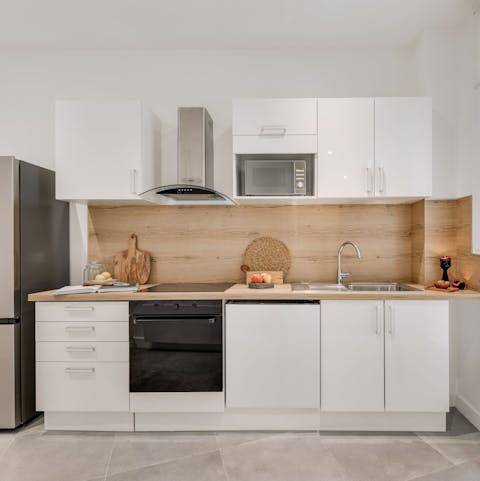 Prepare coffee and croissants in the cosy kitchen