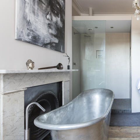Relax and unwind in the amazing metal bathtub