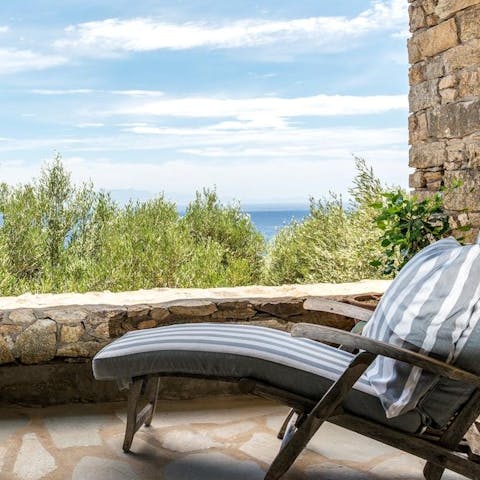 Take in the views from the terrace, a glass of Mykonian wine in hand