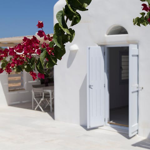 Admire the flowering bougainvillaea against Cycladian traditional architecture