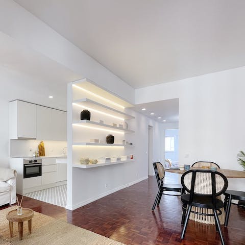 *Fire up the coffee machine in the sleek, modern kitchen