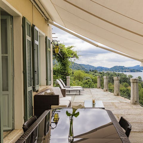 Dine alfresco with a view of the lake