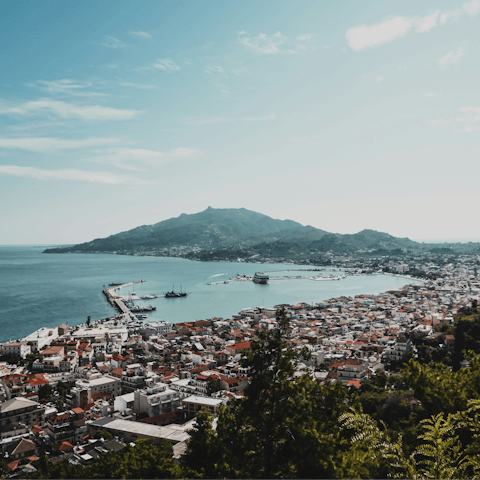 Visit the bustling port of Zakynthos, twenty-five minutes away by car