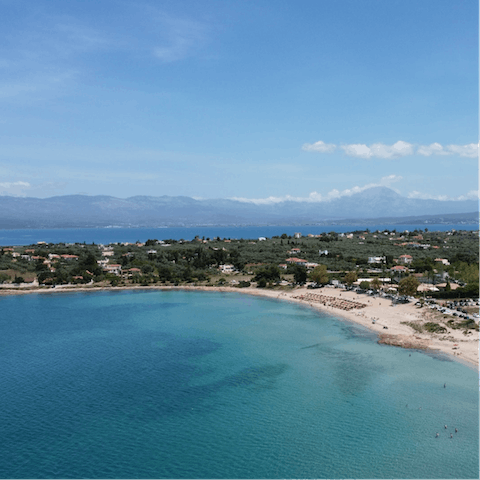 Visit Alykes, one of the best sandy beaches in all of Greece, just a short drive from your doorstep
