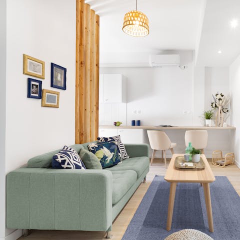 Unwind following an afternoon adventure with a Netflix movie night in the chic living room