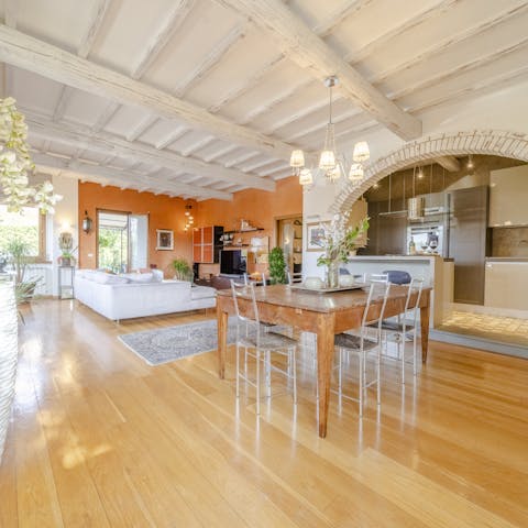 Plate up homecooked pasta dishes in the stylish kitchen and dining area