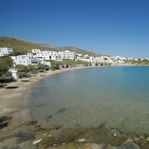 Walk two minutes to the golden sands of Megas Gialos