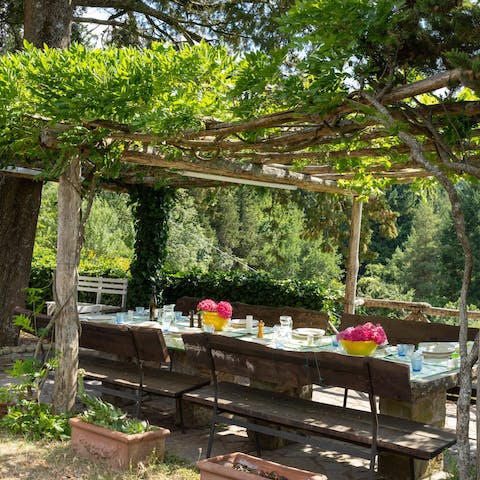Tuck into an Italian feast on the vine-covered terrace