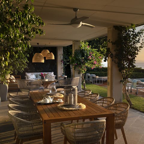 Gather on the shaded terrace to dine alfresco on lahmacun