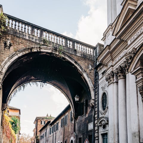 Stroll along the church-lined cobbles of Via Giulia – steps from your home