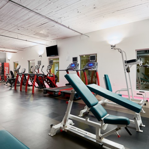 Head to the communal on-site fitness centre for a morning workout