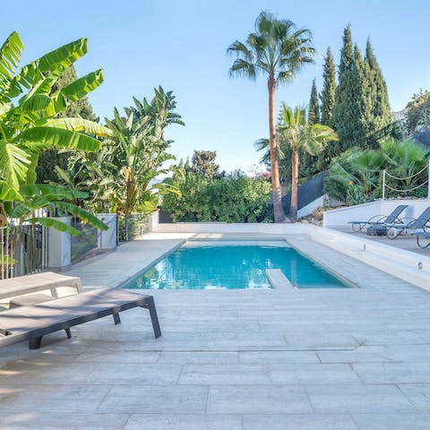 Take a dip in your plunge pool beneath blue skies, following a day trip to Fuengirola