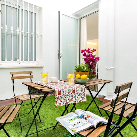Enjoy fresh coffee and pastries outside on the patio each morning