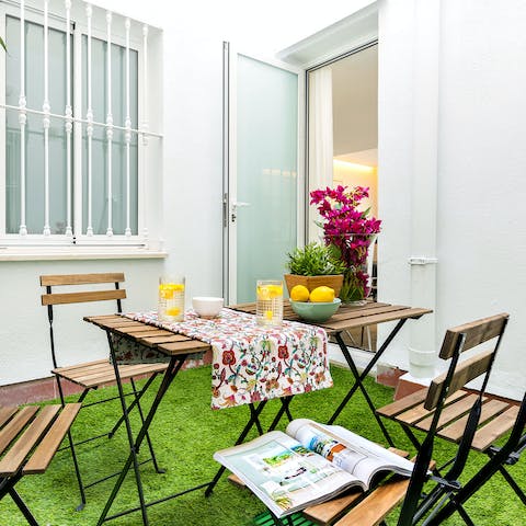 Enjoy fresh coffee and pastries outside on the patio each morning