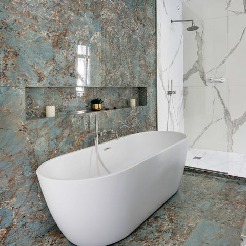 Soak in the freestanding bathtub at the end of a busy day
