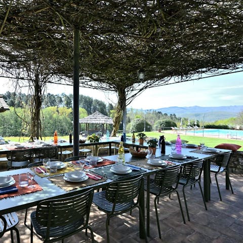 Dine alfresco in the shade of the pergola – your host can arrange a private chef