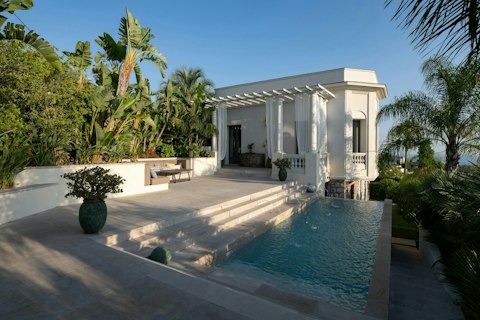 Cool off in the pool framed by lush tropical greenery