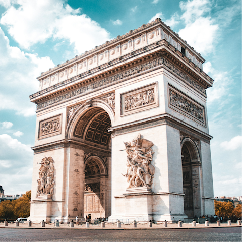 Start your sightseeing at the Arc de Triomphe, fifteen minutes away