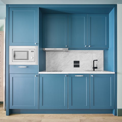 Whip up an easy breakfast in the colour block kitchen