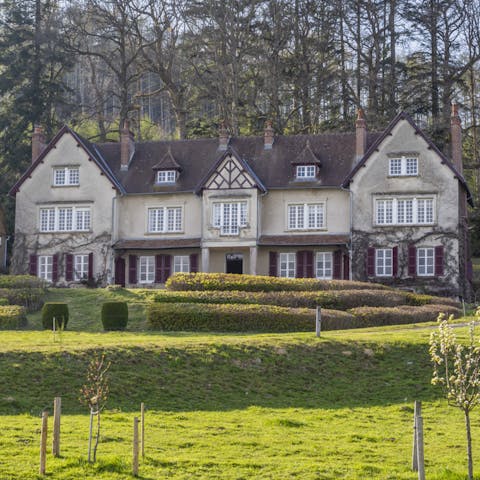 Admire the historic hunting lodge facade