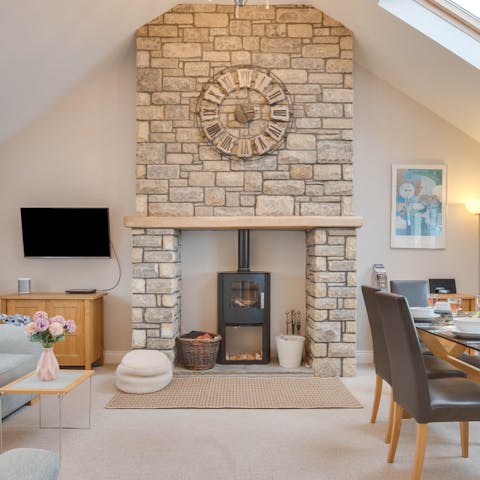 Light the wood-burning stove and keep toasty warm on chilly days