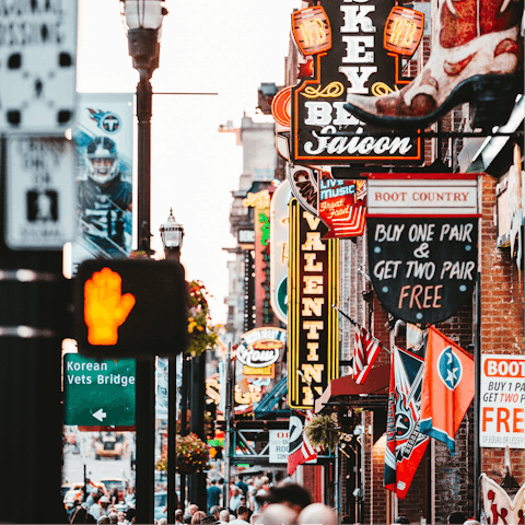 Explore Nashville's thriving music scene – Broadway and Printers Alley are a ten-minute drive away