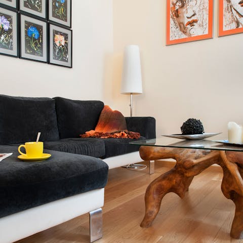 Snuggle up on the cosy sofa and enjoy a cup of tea and a good read