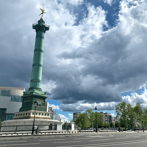 Start your sightseeing at Place de la Bastille, a twenty-minute walk away