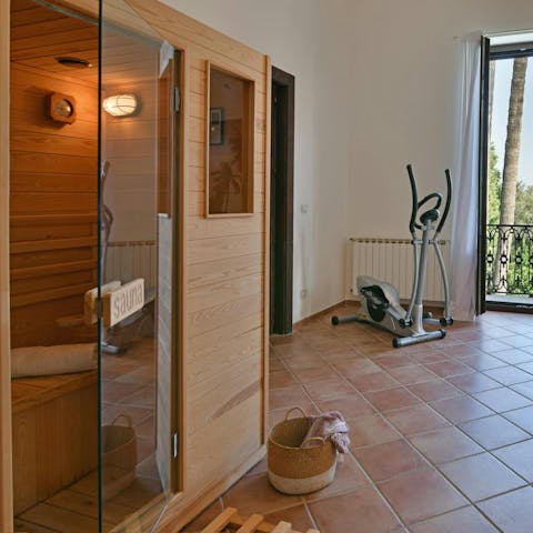 Work out in the private gym and wind down in the sauna