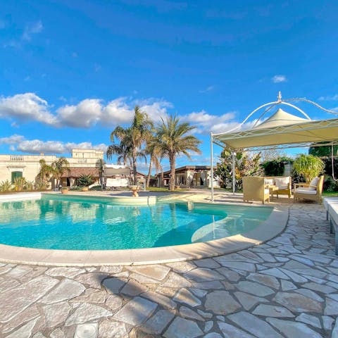 Start your day with some laps in the large private pool under the palm trees and clear blue skies