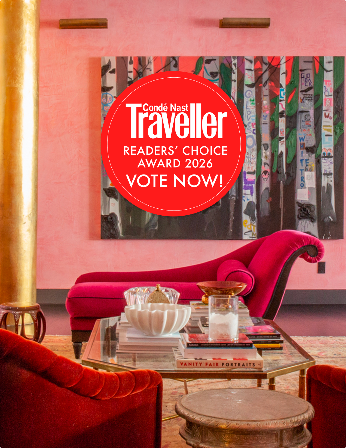 Reading room with large painting